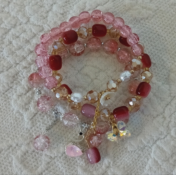 Elegant Pink Gold Beaded Charm Bracelet Set Crystal Pearl Swan Butterfly Girly - Picture 3 of 9